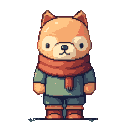 Stylized fox character with orange fur, teal outfit, and rust-colored scarf.