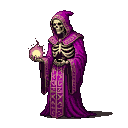 Skeletal mage in purple robes with golden patterns, holding a glowing arcane orb.