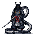 Samurai in black and white armor with a crimson sash, a grey and white serpent coiled around his right arm, and horned helmet, with a katana at his side.
