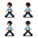 Young boy in blue shirt and jeans walking forward, shown in four animation frames.