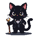 Black cat in a suit holding a cane.