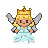 Regal pixie with blonde hair, wearing a light blue gown and a golden crown with a red jewel, with delicate silver wings.
