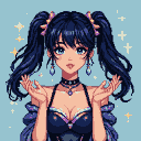 Dark-haired K-pop idol mage with striking blue eyes and a gentle smile, hands posed as if conjuring magic. Her long dark hair is styled in pigtails with sparkling accessories, and she wears an alluring dark outfit with a jeweled choker. Shimmering stars on a light blue background.