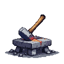 A dark hammer strikes a stone anvil, sending sparks and glowing molten metal flying.
