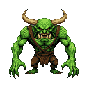 A muscular green creature with glowing red eyes, sharp yellow teeth, and large curved horns, standing with arms outstretched and claws extended.