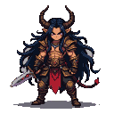Azharel, a demon with flowing dark hair, golden armor, a red sash, and prominent horns, stands with a sword.