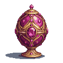 A ruby pink Fabergé egg with intricate gold filigree and a large central ruby gemstone, resting on a gilded pedestal.