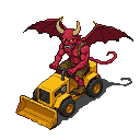 A crimson-skinned devil with leathery wings and curved horns sits on a bright yellow mini-tractor, its front blade lowered.