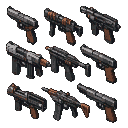 Isometric pixel art icons of post-apocalyptic firearms, including pistols and submachine guns, with dark metallic finishes and worn wooden grips.