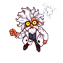 Mad scientist with spiky white hair, yellow-rimmed glasses, and white beard, wearing a lab coat, gestures with outstretched hand, while a glowing orb hovers above his head.