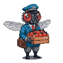 A humanoid fly postman with large red compound eyes and translucent wings, wearing a blue uniform, red tie, and cap, holds a wooden crate of strawberries. A brown satchel hangs at its side.