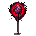 A menacing magical staff with celestial gems, glowing with deep red and black energy.