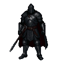 Knight in dark plate armor with a crimson cape, holding a downward-pointed spear.