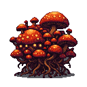 A cluster of red-capped mushrooms with glowing yellow spots, anchored by dark root-like structures.