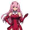 Anime-inspired character with long pink hair, horns, and a crimson outfit.