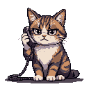 A tabby cat wearing a displeased expression holds a telephone receiver to its ear.