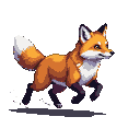 Vibrant fox running with bushy tail held high, rendered in pixel art.