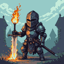 A medieval knight in dark armor holds a flaming sword point-down on the ground.
