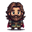 Jovial bard in a green tunic, crimson cape, and leather belt, with a large mustache and a cheerful smile.