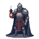 Knight in dark gray plate armor with red accents and navy cape, holding a glowing red heart-shaped health potion.