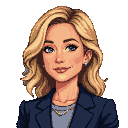 Blonde woman with blue eyes, wearing a dark blazer, light grey shirt, and pearl necklace and earrings, in a professional pose with a gentle smile.