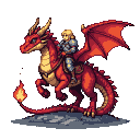 Knight in silver armor riding a red dragon with wings spread against a dark background.