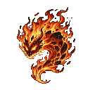 A ferocious fire elemental with a swirling body of orange, red, and yellow flames, its head angled forward with glowing ember eyes and pixelated teeth.