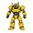 A bright yellow robot with a glowing blue visor and segmented armor plating stands upright.