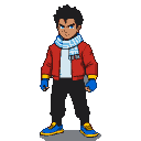 Young man with spiky black hair, blue eyes, wearing a red jacket, white t-shirt, dark trousers, blue and yellow sneakers, light blue scarf with white stripes, and blue fingerless gloves with yellow accents.