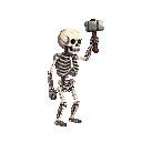 Skeletal figure in profile, holding a hammer aloft.