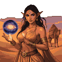 Tanned-skinned elf in desert dancer attire with gold bracelets holds a shimmering galaxy orb. A lone camel is silhouetted against a sunset desert landscape.