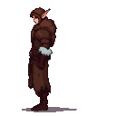 Slender elven character in a textured brown fur cloak, head bowed, looking down.