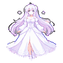 Anime girl with long white hair, wearing a white dress with pastel highlights, surrounded by white sparkles.