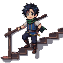 Anime boy with dark spiky hair and blue tunic climbs a pixelated staircase, gripping a wooden railing.