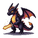 A dark dragon with fiery accents grips a glowing pixelated sword, wings flared, ready for battle.
