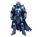 Knight in detailed silver armor with undead etchings, ashen skin, flowing silver hair, and a chilling blue glow, wearing a dark blue cape.