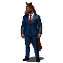A brown horse wearing a dark blue suit, white shirt, and red tie.