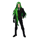 A man with long, vibrant green hair tipped with white, piercing green eyes, wearing a black suit with gold accents, white shirt, tie, black pants, black boots, and black leather gloves with emerald green fingernails.