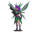 Futuristic pixie with purple hair, green eyes, and pointed ears, wearing segmented purple and green metallic armor and translucent blue wings, holding a rifle in a side view.