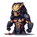 A muscular Predator with a pixelated mask and dreadlocks, streaked with blood, stands ready for combat.