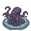 A dark purple kraken with glowing orange eyes, seen from an isometric perspective, with its tentacles encircling a swirling blue water pool.