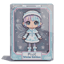 Pixie doll with pink and blue hair wearing a white hooded capelet and boots, with translucent wings, displayed in a pale blue and white snowflake-patterned box.