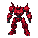 Crimson mech with feline-inspired helmet and segmented armor, poised against a black background.