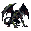 A menacing gargoyle with leathery wings spread wide, reptilian head with crimson eyes and sharp horns, gaping maw with jagged teeth, and mossy green texture on scaly hide.