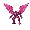 A pink mech with large, spread feathered wings against a black background.