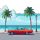 Vibrant red classic car parked on a grey road, framed by palm trees, with a turquoise ocean and blue sky in the background.