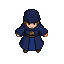 A solitary mage in an indigo robe with a hood, a brown belt, and a golden amulet, viewed from a top-down perspective.