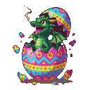 Newly hatched green dragon with spread wings and a wisp of smoke from its snout, emerging from a brightly decorated Easter egg with shell fragments scattered around.