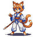 Feline warrior with orange fur, white and blue martial arts attire, blue eyes, and blue ribbon on ear. Long white twin tails flow behind her. She holds a staff and has a determined stance.