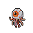 Grotesque eyeball monster with bloodshot white sclera and a piercing orange iris, trailing thin pink and orange fleshy tendrils against a black void.